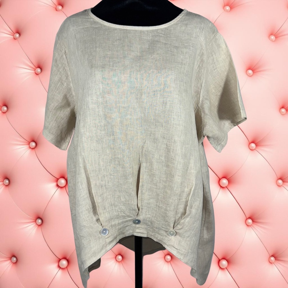Italian Linen Blouse Beige Asymmetrical Hem Button Detail Pleats 3XL 22W/24W